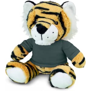 A plush tiger toy with orange and black stripes, wearing a grey shirt, featuring soft fur and a friendly expression.