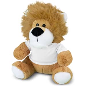 A plush lion toy with a fluffy mane, brown and tan body, and a white T-shirt. It has a cute, friendly expression.
