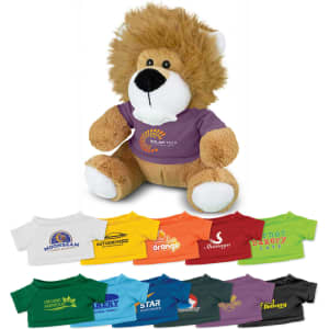 A lion plush toy with a brown body and a fluffy mane, wearing a purple T-shirt. Features various coloured T-shirts below it.
