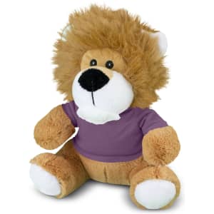 A plush lion toy with a brown body, fluffy mane, and wearing a purple shirt. It has a friendly expression and soft features.