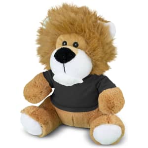 A plush lion toy with a fluffy mane and a black shirt, featuring tan and white colours. It has a small logo on the shirt.