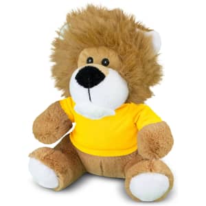 A cuddly lion plush toy with a fluffy mane and a yellow t-shirt, featuring soft brown and white fur.