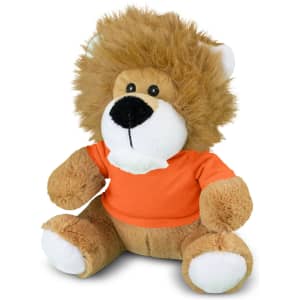 A lion plush toy with a fluffy mane and an orange T-shirt, featuring a soft brown body and white paws.