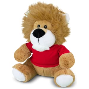 A plush toy lion with a fluffy mane and a red shirt, featuring black eyes and a friendly expression.