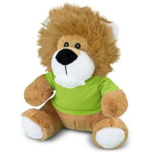 A plush toy lion with a fluffy mane, wearing a green shirt. The toy is brown with white paws and a friendly face.