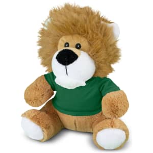 A lion plush toy with a fluffy mane and a green shirt. It has brown fur and a friendly expression.