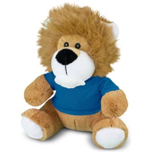 A plush lion toy with a fluffy mane, tan body, and wearing a blue shirt, featuring a friendly face.