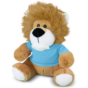 A brown lion plush toy with a fluffy mane, wearing a light blue t-shirt and sitting with its legs outstretched.