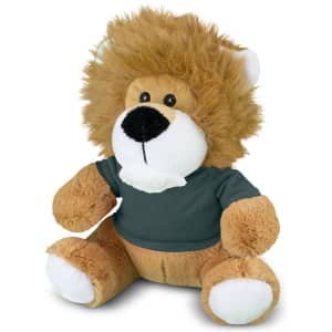 A plush lion toy with a fluffy mane and a dark green shirt, featuring a friendly expression and soft paws.