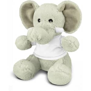 A soft, grey elephant plush toy with large ears, wearing a blank white t-shirt. It has a friendly expression.