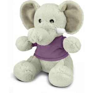 A soft grey elephant plush toy wearing a purple shirt, featuring large ears and a friendly expression.