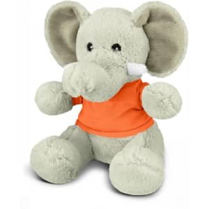 A grey plush elephant toy wearing an orange shirt, featuring large ears and a cute smiling face.