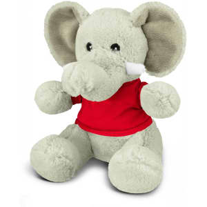 A plush elephant toy in grey with large ears, wearing a red shirt, featuring a logo on its side.