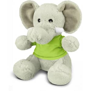 A soft grey elephant plush toy wearing a green shirt, featuring large ears and a friendly expression.