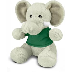 A soft grey elephant plush toy wearing a green shirt, featuring large ears and a friendly expression.