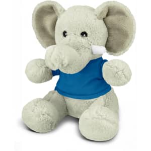 A plush elephant toy in grey with large ears, wearing a blue T-shirt. It has a soft, cuddly texture.
