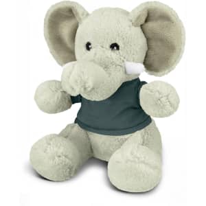 A plush elephant toy in light grey with a dark green shirt, featuring large ears and a friendly expression.