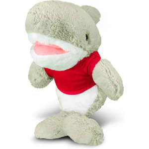 A grey plush shark toy wearing a red t-shirt, standing upright against a white background.