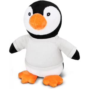 A plush toy penguin with a black and white body, orange beak and feet, wearing a grey shirt. Features a logo on the shirt.