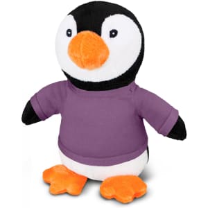 A plush penguin toy with a black and white body, orange beak and feet, wearing a purple shirt.