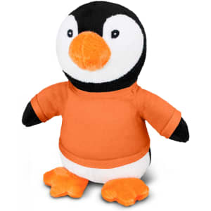 A penguin plush toy with a black and white body, orange beak, and orange t-shirt. It has a friendly expression.