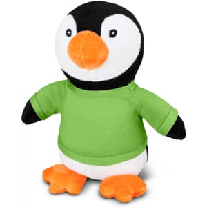 A plush penguin toy wearing a green shirt, with black, white, and orange features. It has a friendly expression.