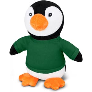 A plush penguin toy with a black and white body, orange beak and feet, wearing a green t-shirt.