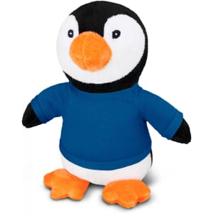 A plush toy penguin with black and white fur, orange feet, and wearing a blue shirt. It has a logo on its shirt.