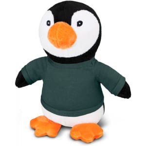 A plush toy penguin with black and white fur, an orange beak, and orange feet, wearing a green shirt.