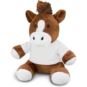 A brown horse plush toy with a white belly and feet, wearing a plain white t-shirt. It has a tuft of hair on its head.