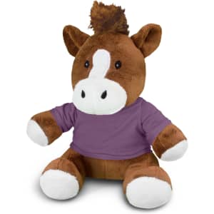 A plush horse toy with brown fur, a purple shirt, and white accents on the hooves and muzzle. It has a friendly expression.