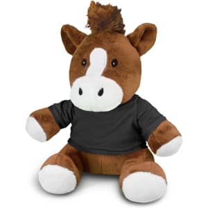 A plush horse toy in brown with a black shirt and white accents, featuring a friendly face and a tuft of fur.