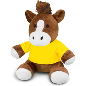 A brown horse plush toy with a yellow shirt and white accents, featuring a soft, cuddly design.