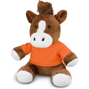 A brown horse plush toy wearing an orange shirt, with white accents on its face and paws. It has a fluffy mane.