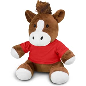 A brown plush horse toy wearing a red shirt, featuring white accents and a textured mane.