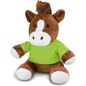 A brown plush horse toy with a white snout and hooves, wearing a green shirt. It has a tufted brown mane.
