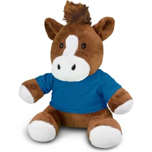 A brown horse plush toy wearing a blue shirt, featuring white accents on its hooves and snout.