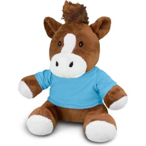 A brown horse plush toy with a blue shirt, featuring white paws and a tuft of fur on its head.