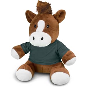 A brown horse plush toy with white accents, wearing a green shirt, sitting in a relaxed position.