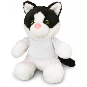 A black and white cat plush toy with green eyes, featuring a white shirt. Soft and cuddly design.