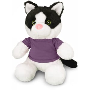 A black and white cat plush toy with green eyes, wearing a purple shirt and featuring a soft, fluffy texture.