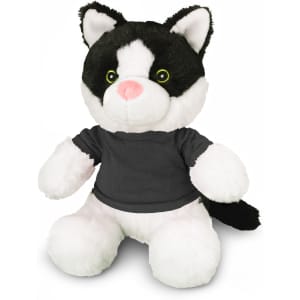 A black and white cat plush toy with bright green eyes and a removable grey shirt. Soft and cuddly design.