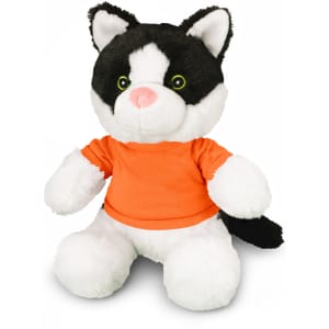 A black and white plush cat toy wearing an orange shirt, featuring green eyes and a fluffy tail.