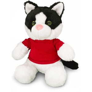 A plush toy cat with black and white fur, wearing a red shirt, featuring green eyes and a pink nose.