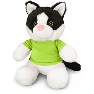 A black and white cat plush toy wearing a green shirt, with large green eyes and soft paws.