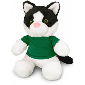A black and white cat plush toy wearing a green shirt with bright green eyes and soft fur. It has a logo on the shirt.