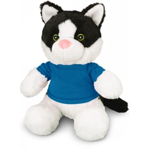 A black and white cat plush toy wearing a blue shirt, with bright green eyes and a soft, cuddly texture.