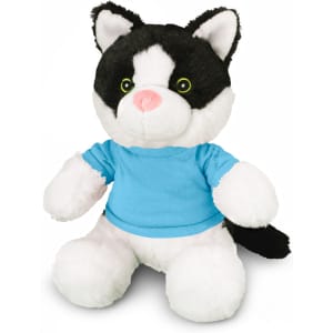 A black and white cat plush toy wearing a blue shirt, with large eyes and a soft, cuddly appearance.