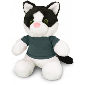 A plush black and white cat toy wearing a dark grey shirt, featuring large green eyes and a pink nose.