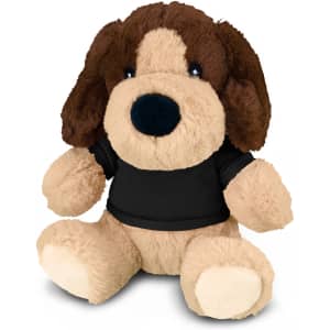 A fluffy brown and tan dog plush toy wearing a black shirt, featuring large eyes and a friendly expression.